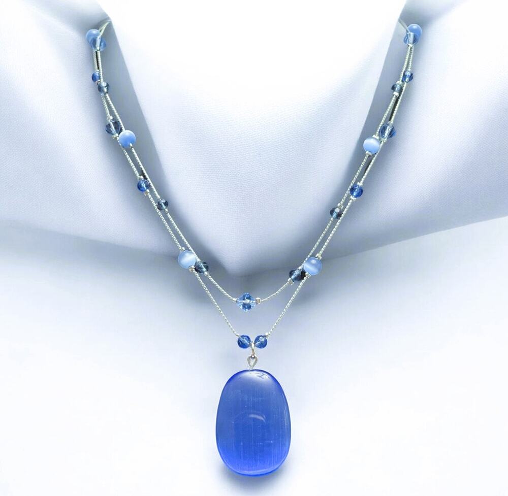 Vintage Blue Czech Glass Pendant, Cat's Eye Bead Swarovski Double Chain Necklace